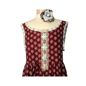 Handmade burgundy jumper dress, cotton flower print trim, buttons, pockets, M.